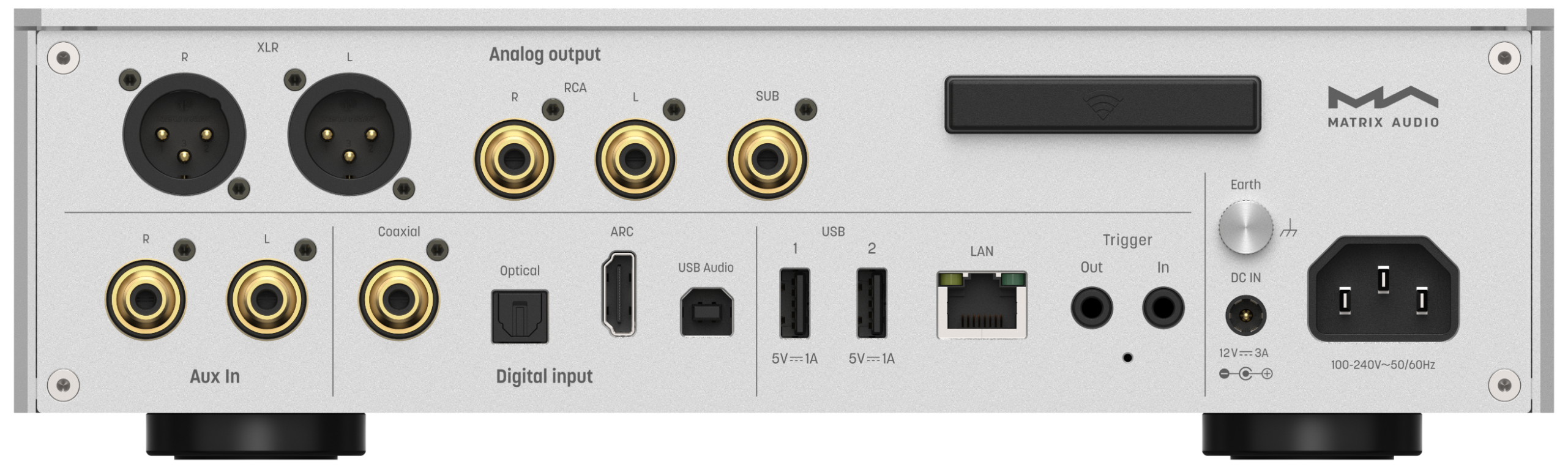 Face arrière du Matrix Audio TS-1 avec entrées HDMI ARC, USB, optique, coaxiale et sorties XLR, RCA, subwoofer