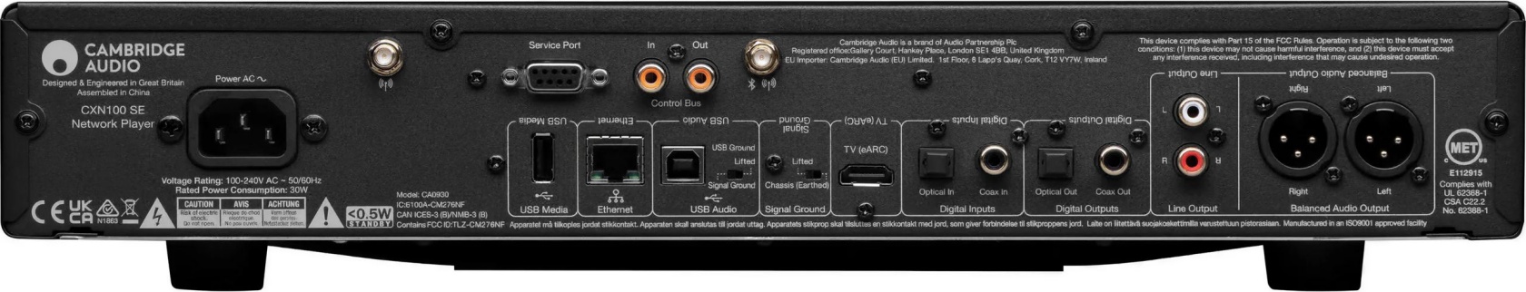 Panneau de connectique arrière du Cambridge Audio CXN100 SE avec entrées HDMI eARC, USB, coaxiale, optique et sorties XLR, RCA"