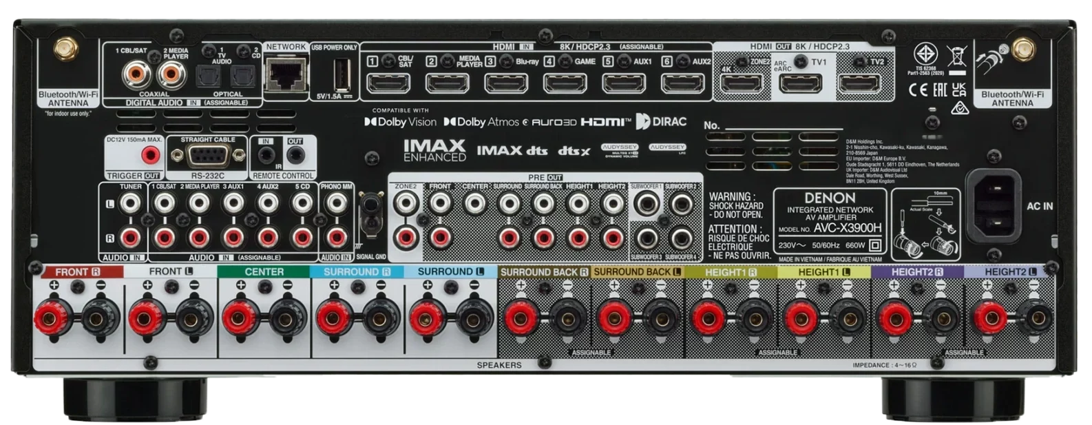 Vue arrière de l'ampli AV Denon AVC-X3900H montrant les connectiques HDMI, entrées/sorties audio et bornes d'enceintes