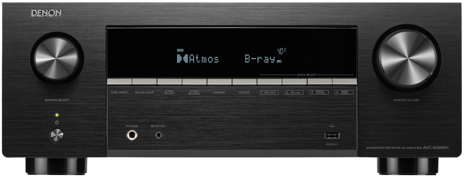 Ampli AV Denon AVC-X3900H noir, vue de face avec écran d'affichage et façade des commandes